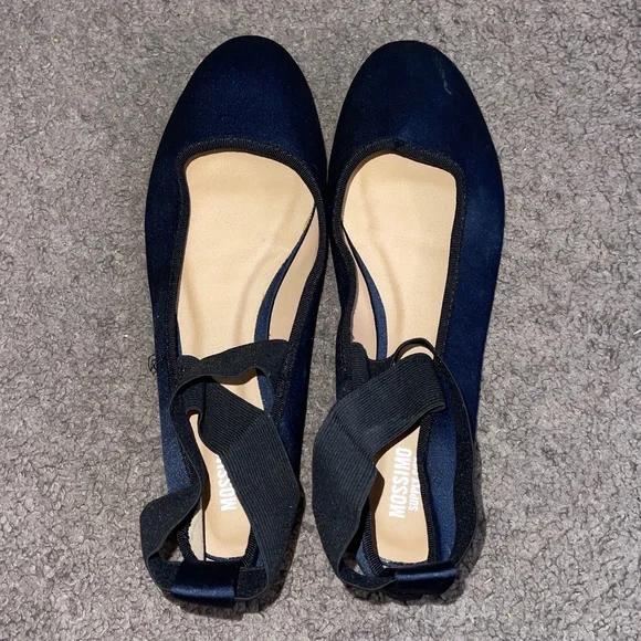 Navy Blue Satin Ballet Flat Shoes - Picture 2 of 7